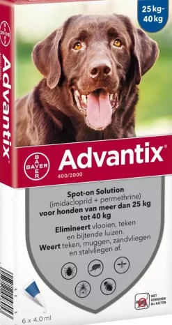 Beschermt honden tegen vlooien, teken, muggen, zandvliegen, stalvliegen en luizen.