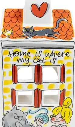 Blond Amsterdam theelichthouder aardewerk cat lover 8x8x14cm multi