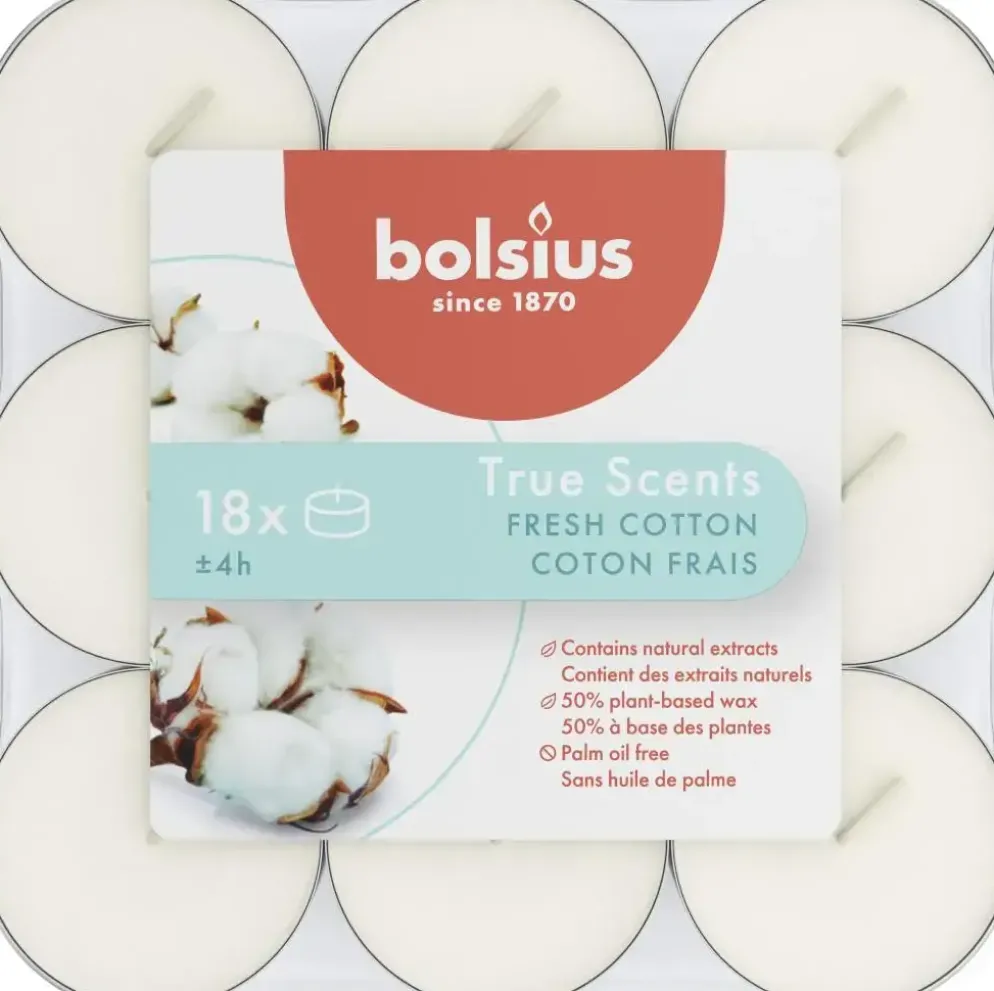 Bolsius geurtheelicht true scents fresh cotton 18 stuks