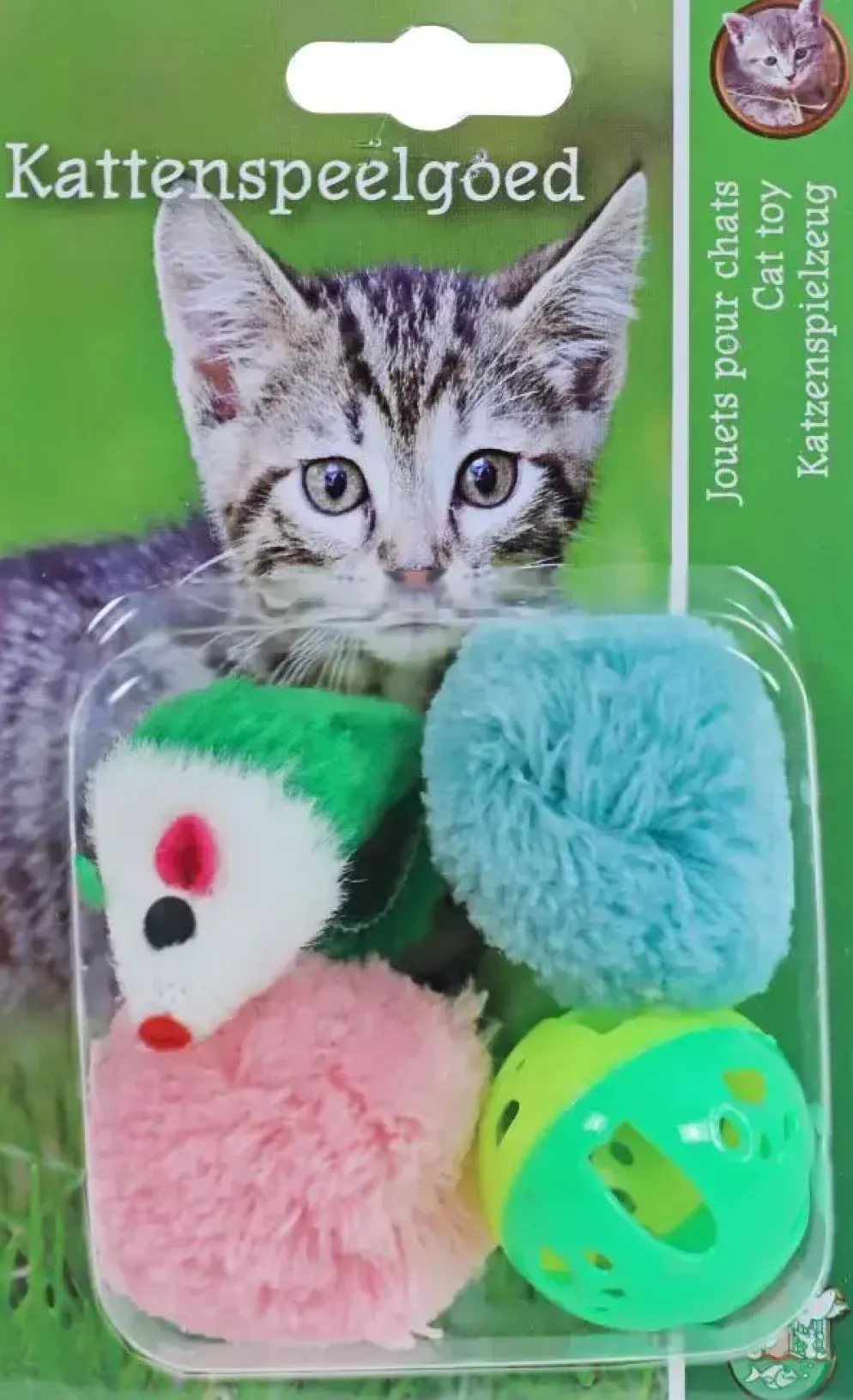Boon kattenspeelgoed blister à 2 knisper bal, plastic bal en muis