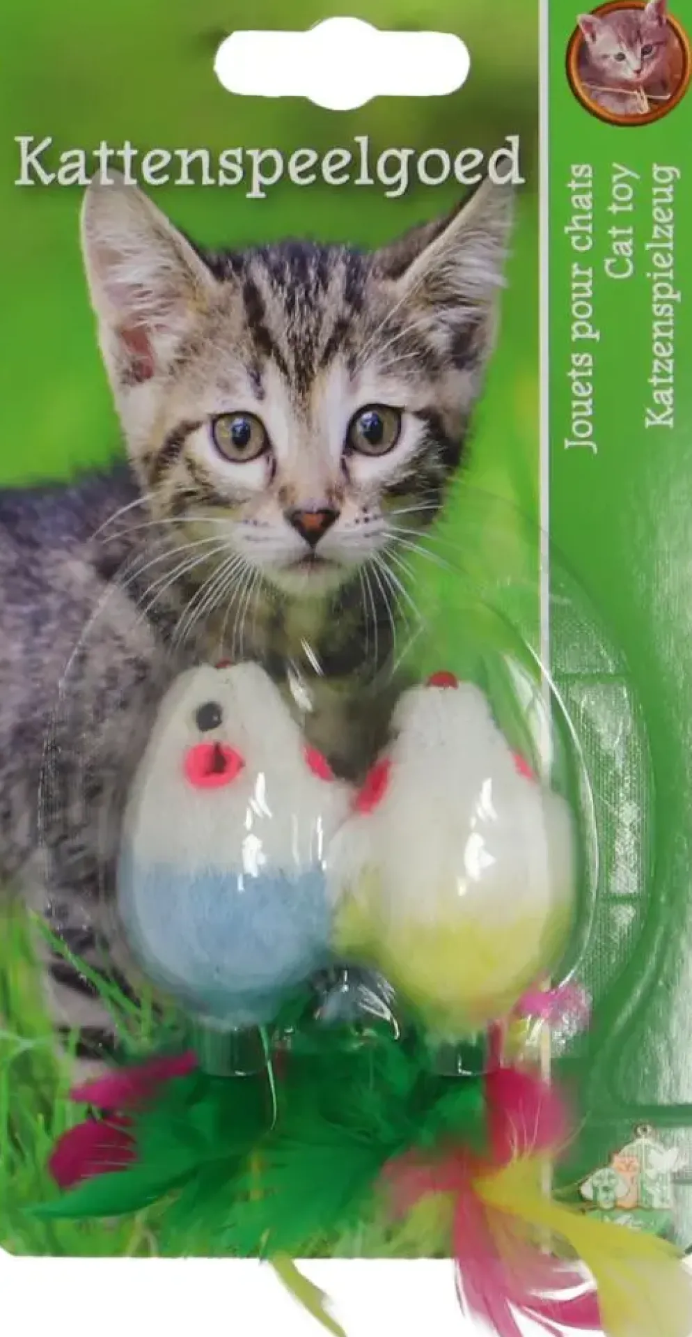 Boon kattenspeelgoed bontmuis+veren 4cm kaart a 2st
