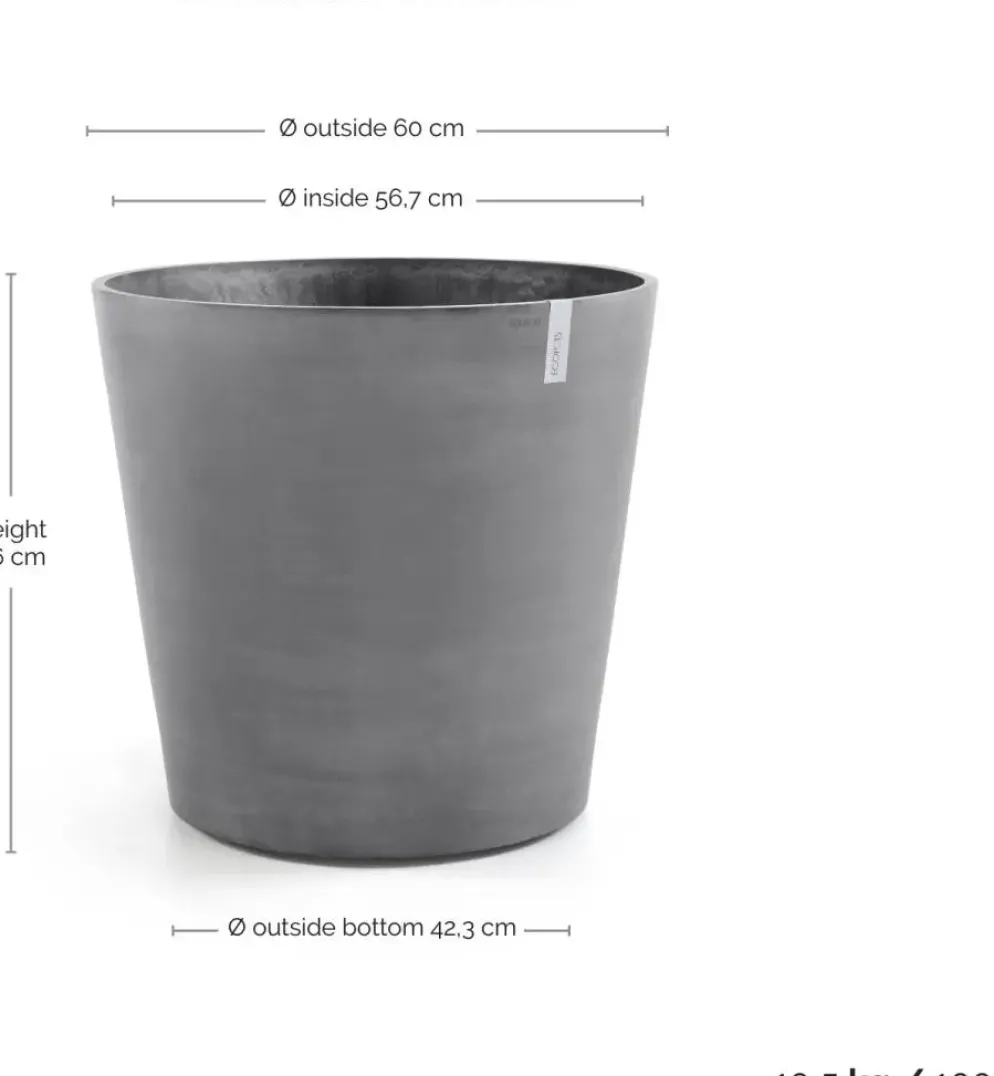 Ecopots kunststof bloempot amsterdam met wielen 60x56 cm grijs
