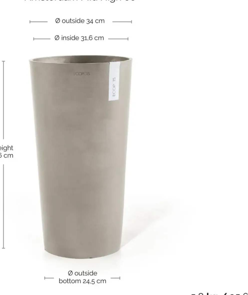 Ecopots kunststof bloempot amsterdam hoog 34x66 cm taupe