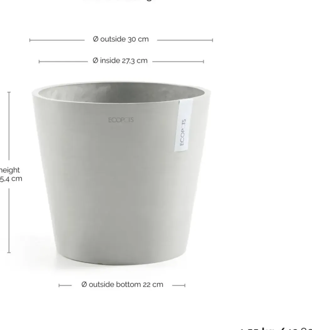 Ecopots kunststof bloempot amsterdam 30x26.3 cm witgrijs