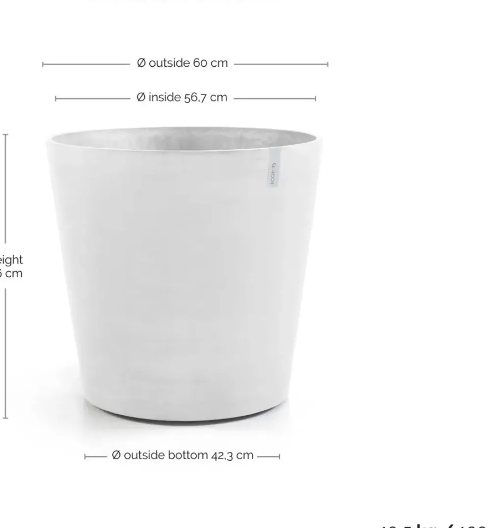 Ecopots kunststof bloempot amsterdam met wielen 60x56 cm puurwit