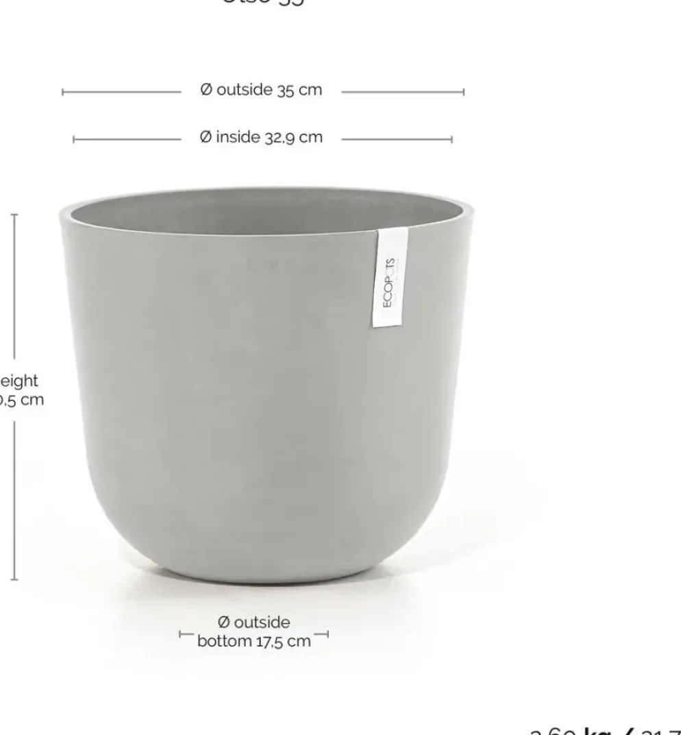 Ecopots kunststof bloempot oslo 35x30.5 cm witgrijs