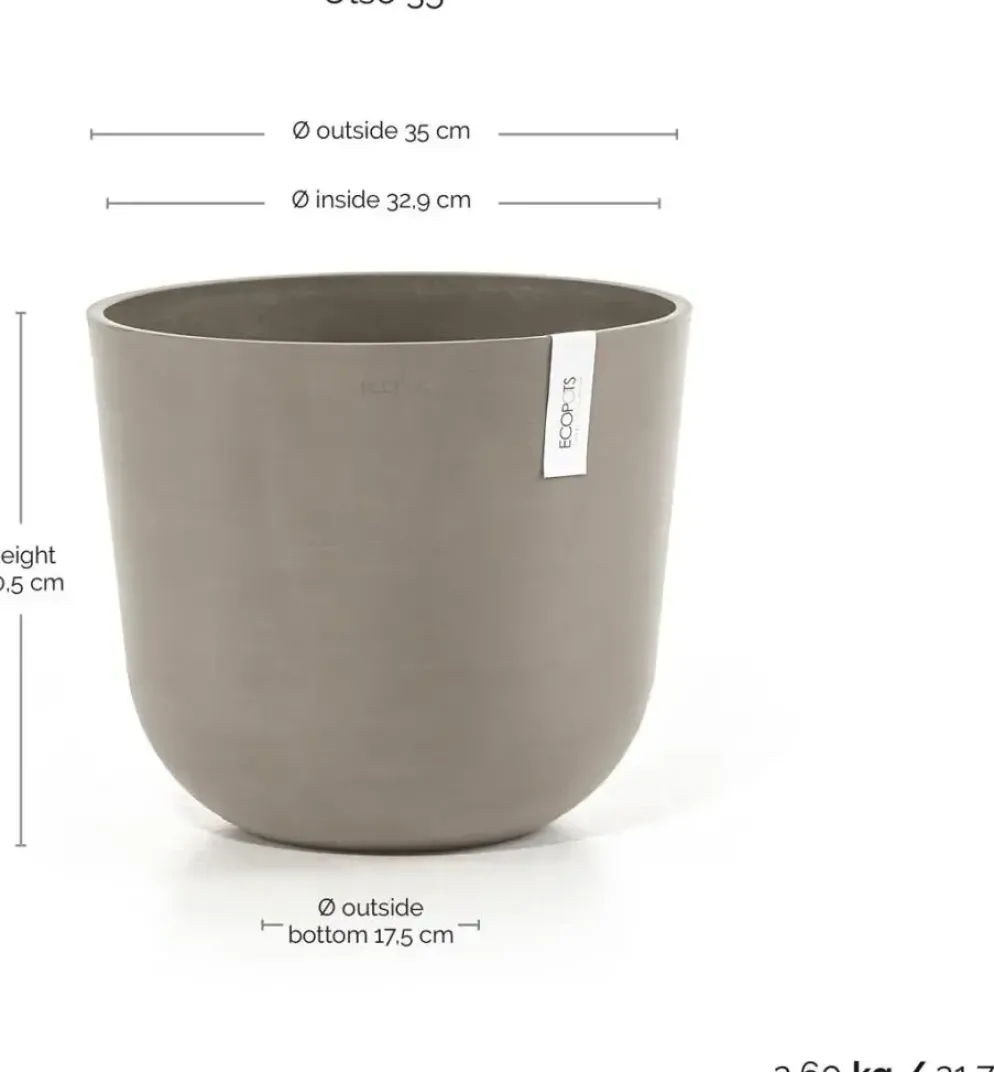Ecopots kunststof bloempot oslo 35x30.5 cm taupe