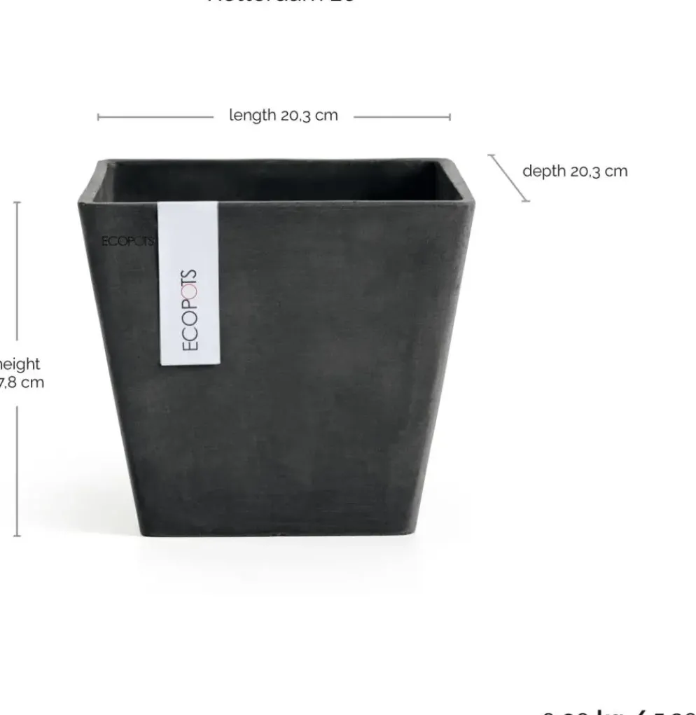 Ecopots kunststof plantenbak rotterdam 20x20x17.5 cm donkergrijs