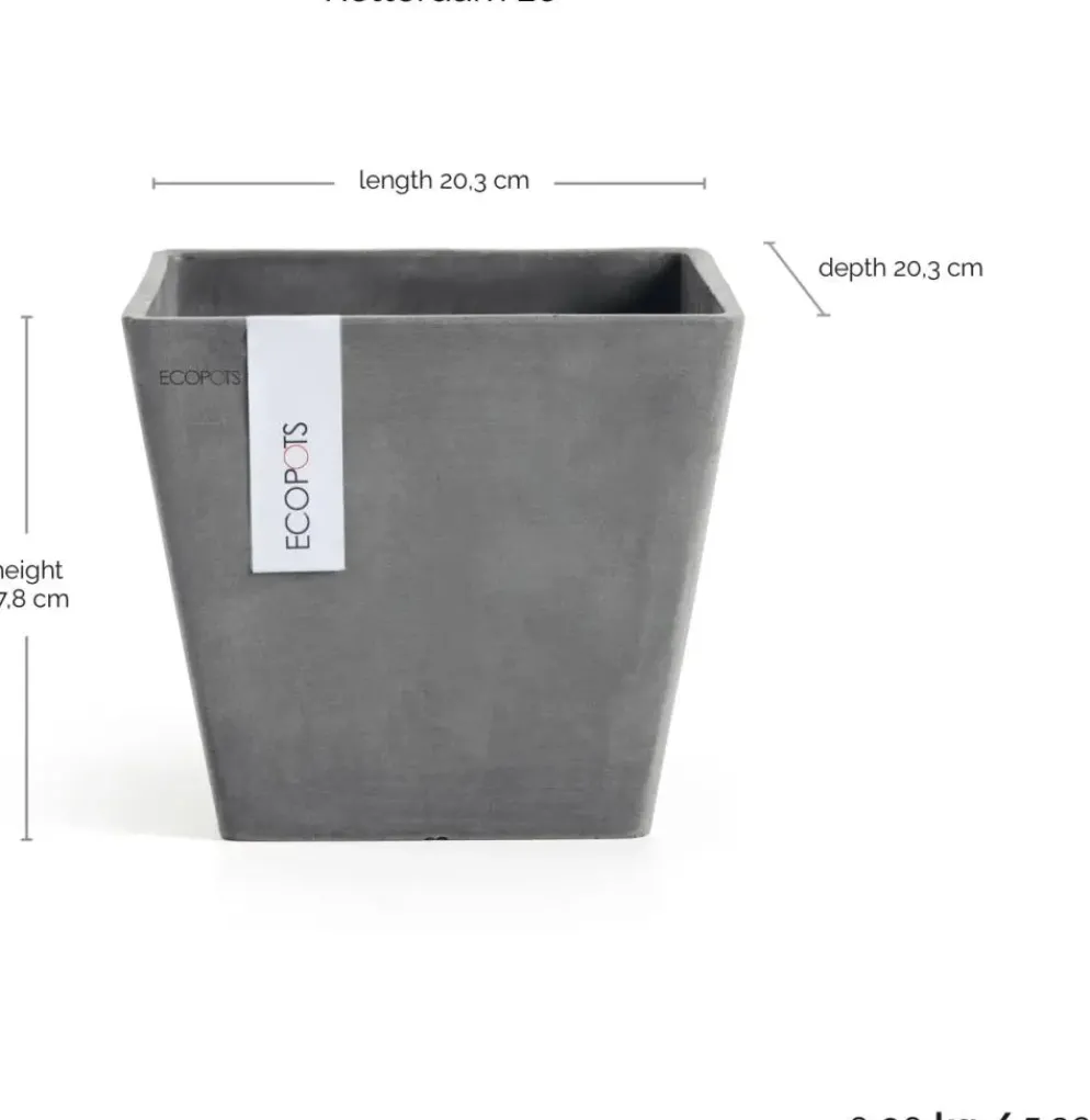 Ecopots kunststof plantenbak rotterdam 20x20x17.5 cm grijs