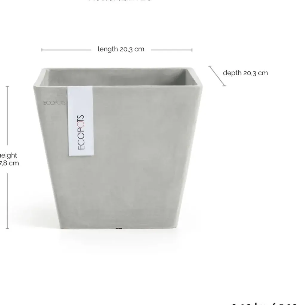 Ecopots kunststof plantenbak rotterdam 20x20x17.5 cm witgrijs