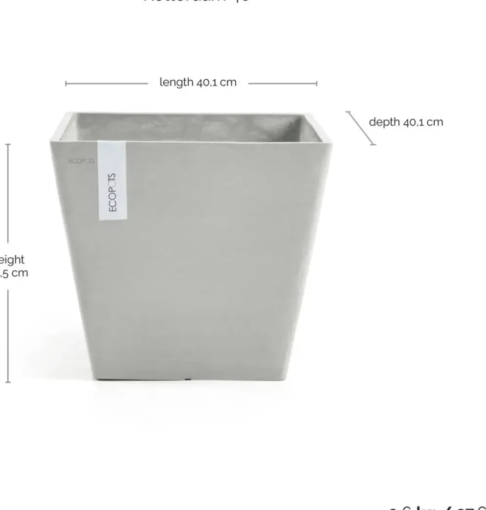 Ecopots kunststof plantenbak rotterdam 40x40x35 cm witgrijs