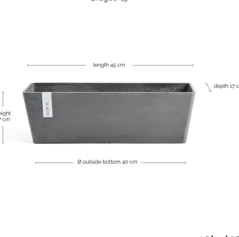 Ecopots kunststof plantenbak bruges 45x17x17 cm grijs