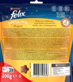FELIX Party Mix Original met Kip-, Lever- en Kalkoensmaak kattensnacks 200g