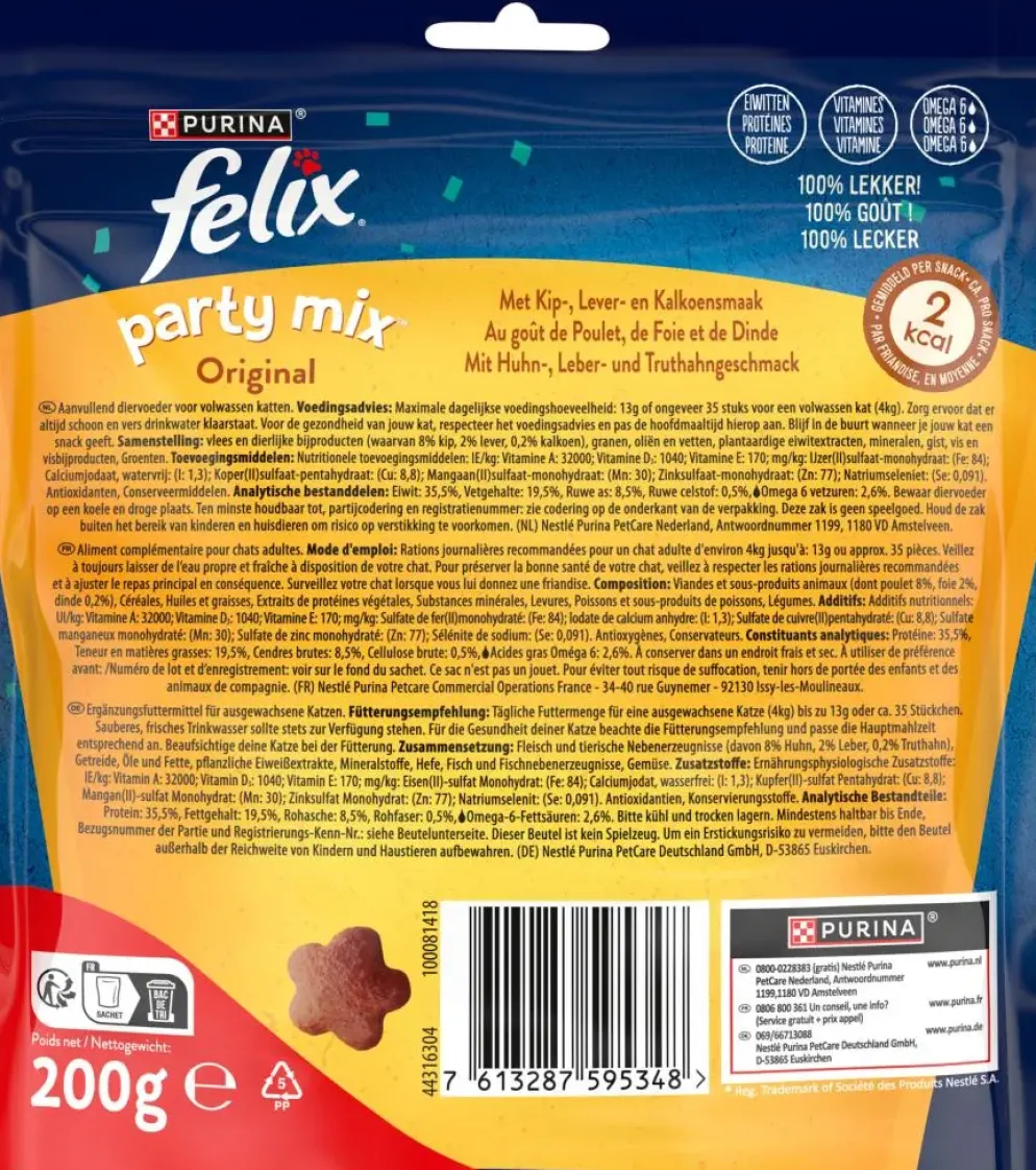FELIX Party Mix Original met Kip-, Lever- en Kalkoensmaak kattensnacks 200g