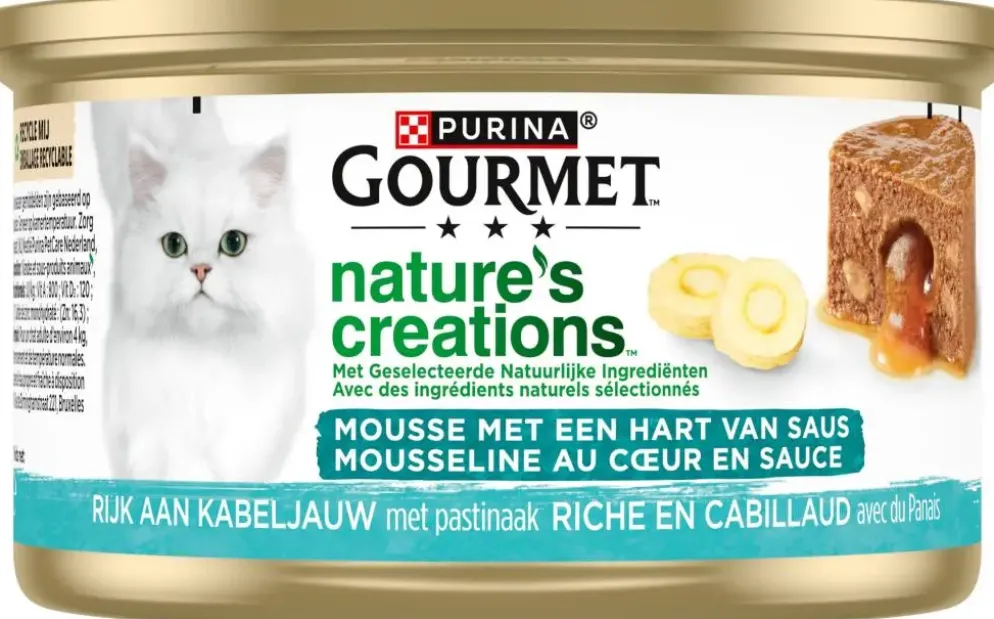 GOURMET Nature's Creations Mousse met een Hart van Saus, Rijk aan Kabeljauw met pastinaak, nat kattenvoer, 85g
