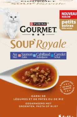 GOURMET SOUP ROYALE met Zalm gegarneerd met Rijst en Wortels, met Schol gegarneerd met Rijst en Tomaten, met Kabeljauw gegarneerd met Pasta Parels en Spinazie 6x45g Zakjes