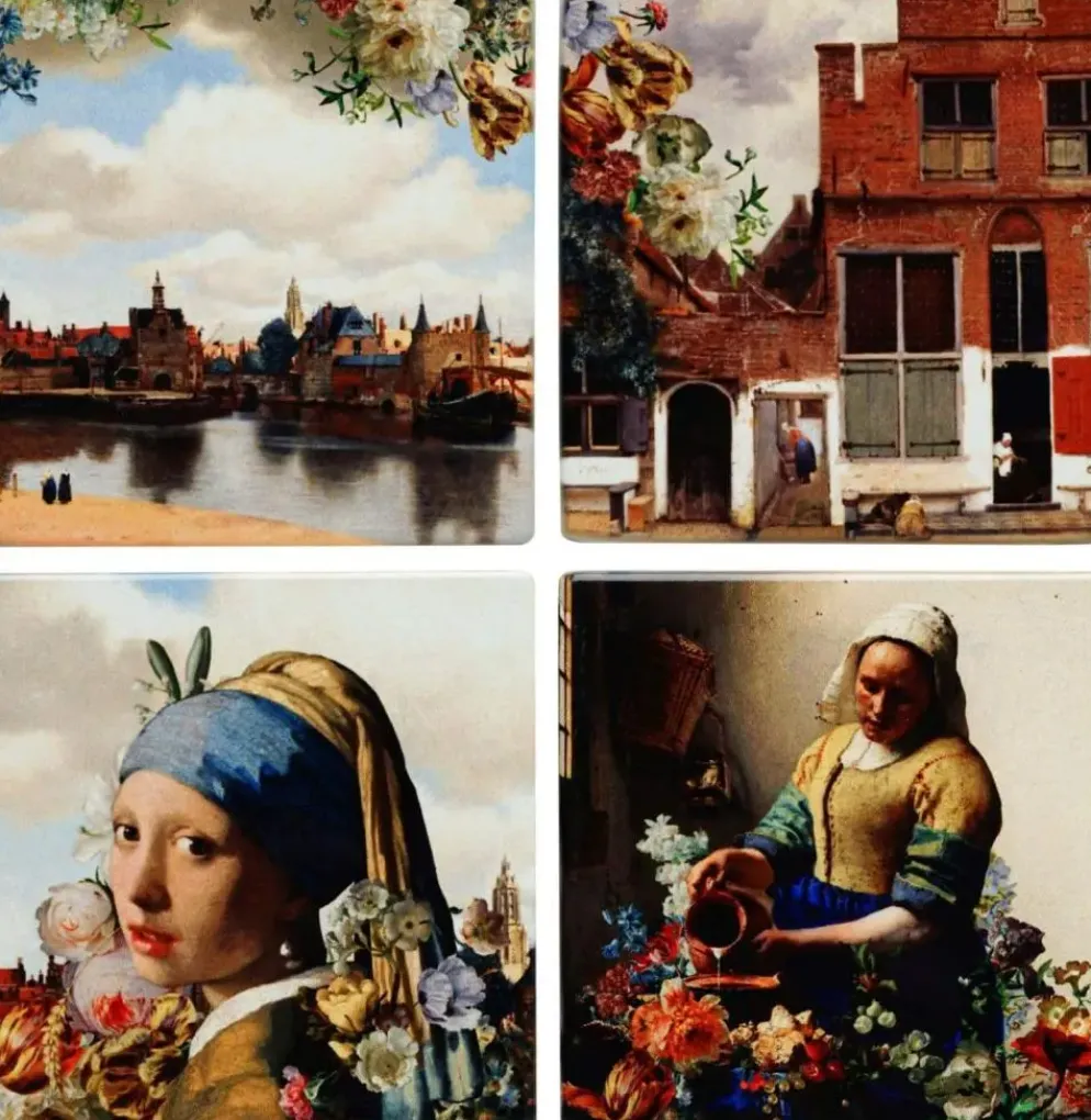Heinen Delfts Blauw onderzetter keramiek vermeer 10x10x0.5cm delfts blauw 4 stuks