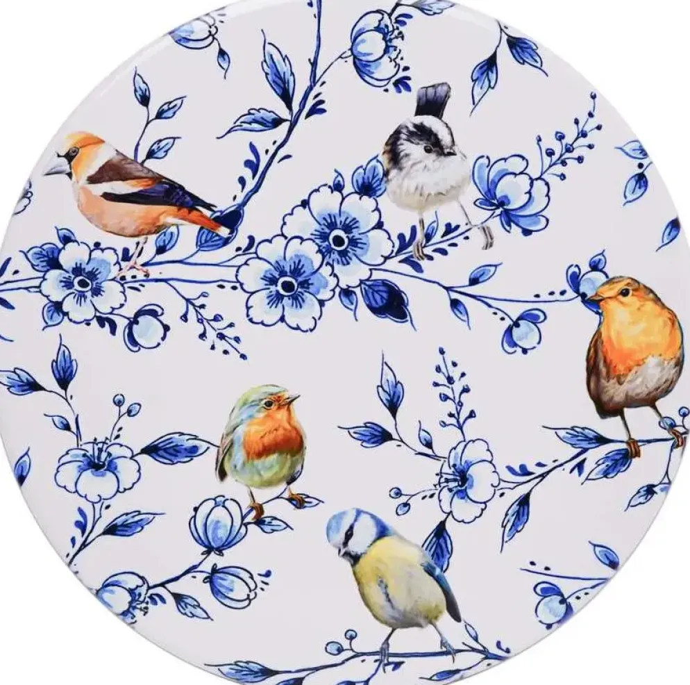 Heinen Delfts Blauw onderzetter keramiek bosvogels, bloesem 18x1cm delfts blauw