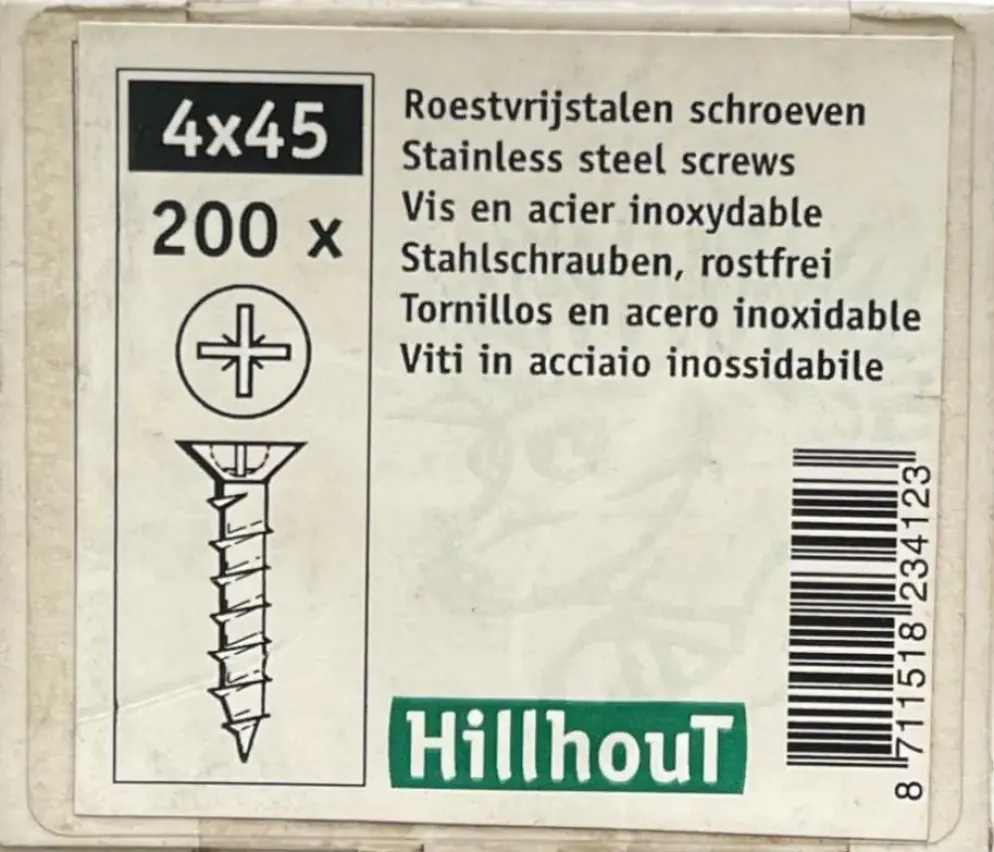 Hillhout Roestvrijstalen Schroeven - Ø4x45mm - 200 Stuks