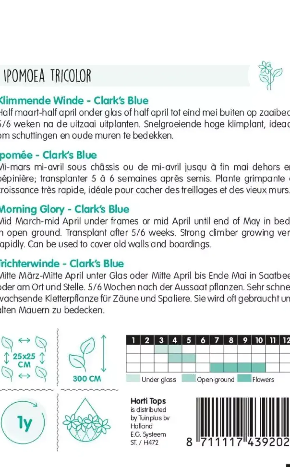 Horti tops zaden ipomoea, klimmende winde clark's blue