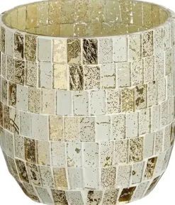 House of Seasons theelichthouder glas mozaik 9.5x9.5cm wit