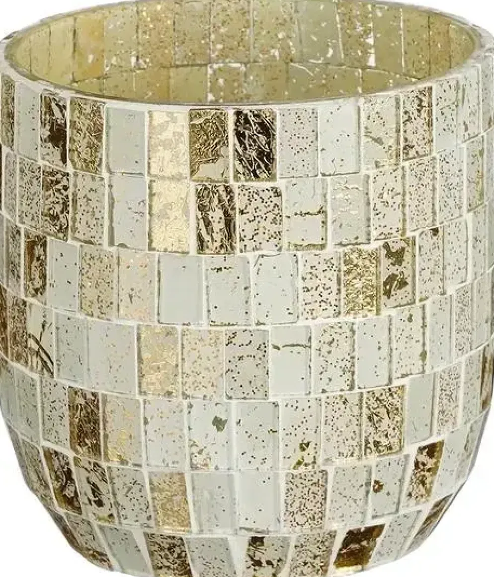 House of Seasons theelichthouder glas mozaik 9.5x9.5cm wit