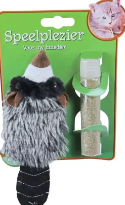 Kattenspeelgoed op kaart pluche wasbeer met catnip vulbaar, 18 cm.