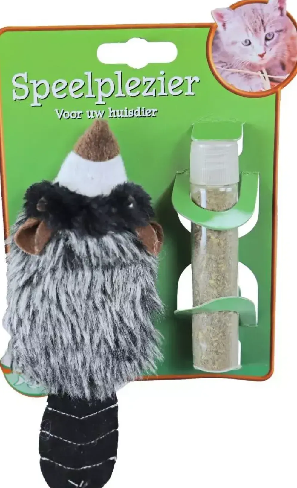 Kattenspeelgoed op kaart pluche wasbeer met catnip vulbaar, 18 cm.