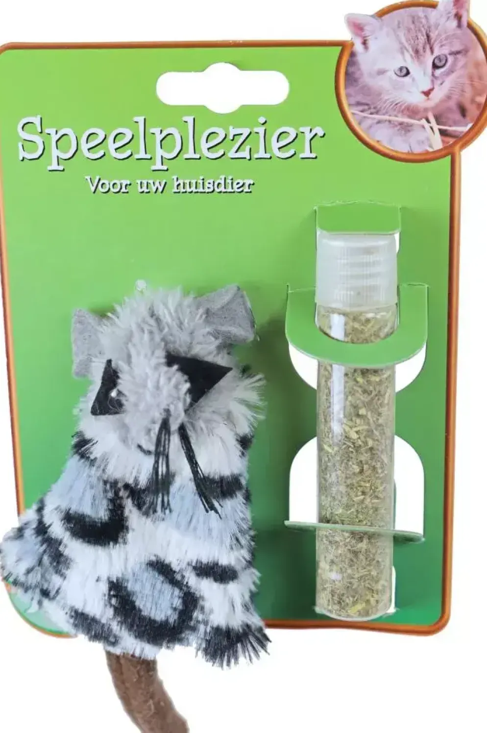 Kattenspeelgoed op kaart pluche muis grijs met catnip vulbaar, 15 cm.