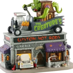 Lemax the creature´s custom hot rod shop, b/o led verlicht huisje Spooky Town 2020