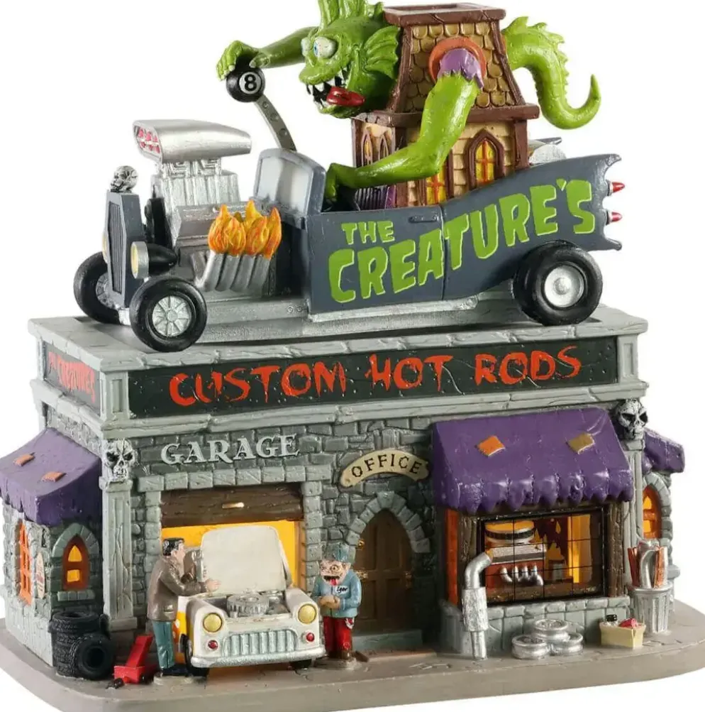 Lemax the creature´s custom hot rod shop, b/o led verlicht huisje Spooky Town 2020