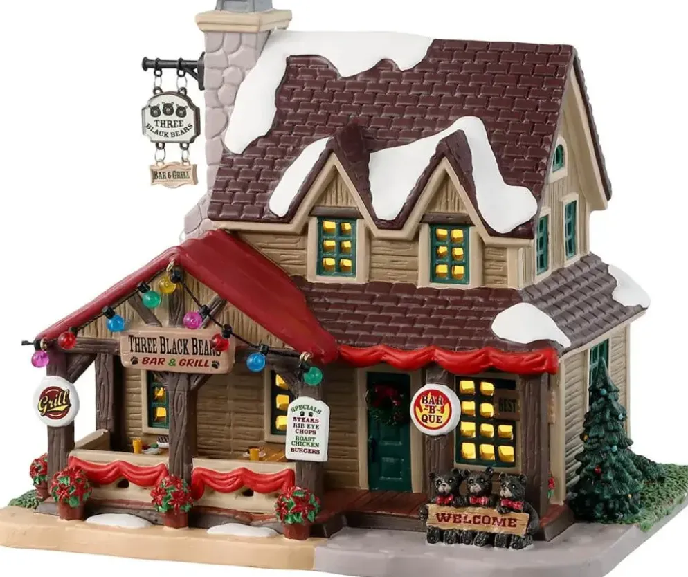 Lemax three black bears bar & grill & moonshine verlicht kersthuisje Vail Village 2024