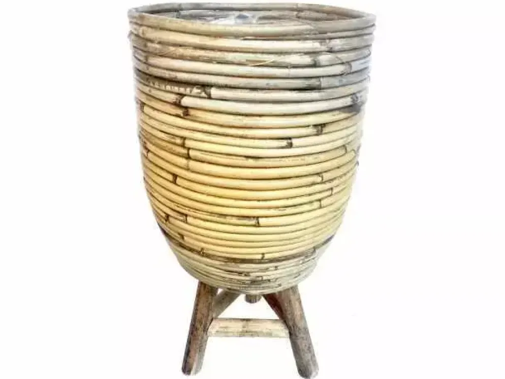 Rotan plantenmand met plastic op poten grijs 25x40cm