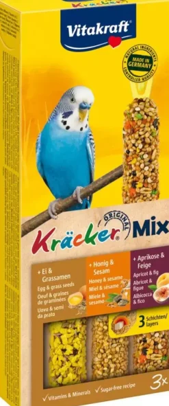 Vitakraft Trio Mix honing/sesam-ei/graszaad-appel/vijgkräcker parkiet, 3in1. (10)