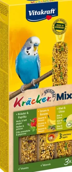 Vitakraft Trio Mix kruiden/paprika-sesam/banaan-kiwi/citruskräcker parkiet, 3in1. (10)
